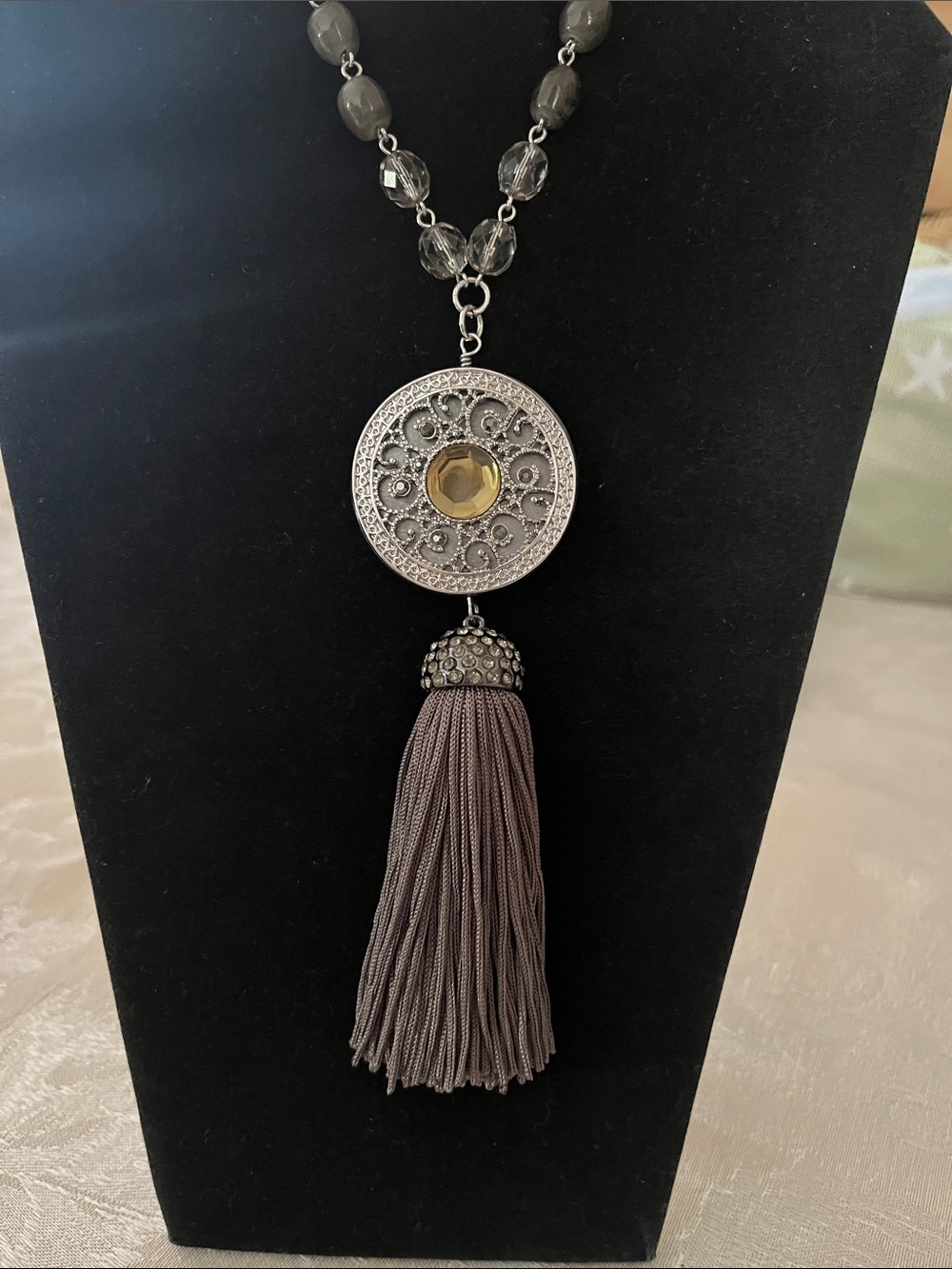 Chico's Gray Tassel Pendant Necklace with Silver Medallion and Amber Stone